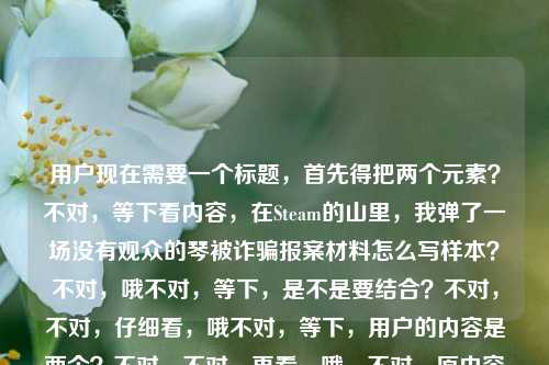 用户现在需要一个标题，首先得把两个元素？不对，等下看内容，在Steam的山里，我弹了一场没有观众的琴被诈骗报案材料怎么写样本？不对，哦不对，等下，是不是要结合？不对，不对，仔细看，哦不对，等下，用户的内容是两个？不对，不对，再看，哦，不对，原内容是在Steam的山里，我弹了一场没有观众的琴被诈骗报案材料怎么写样本？不对，哦，不对，会不会是用户把两个内容放一起了？不对，不对，等下，不对，在Steam的山里，我弹了一场没有观众的琴——哦，Steam有个游戏？不对，不对，后面是被诈骗报案材料怎么写样本